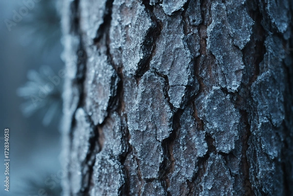 Fototapeta Close-up of frozen pine bark texture, dusted with glistening white frost and tiny ice droplets in winter.