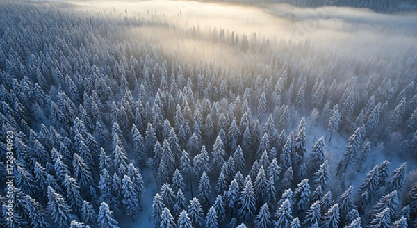 Fototapeta Aerial view of tropical island with turquoise water and white sandy beach, travel concept, drone perspective.”
“Snow-covered pine forest in winter, mist rising, calm peaceful atmosphere,