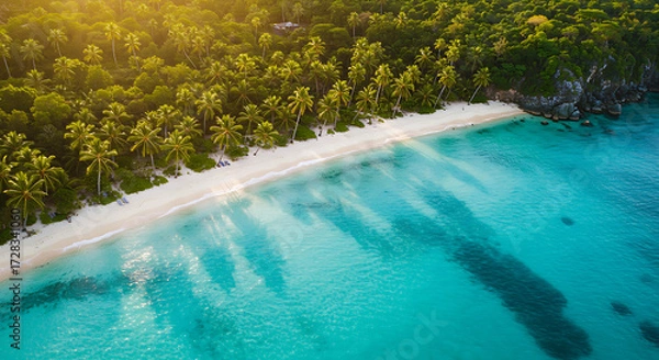 Fototapeta Aerial view of tropical island with turquoise water and white sandy beach, travel concept, drone perspective.”
“Snow-covered pine forest in winter, mist rising, calm peaceful atmosphere
