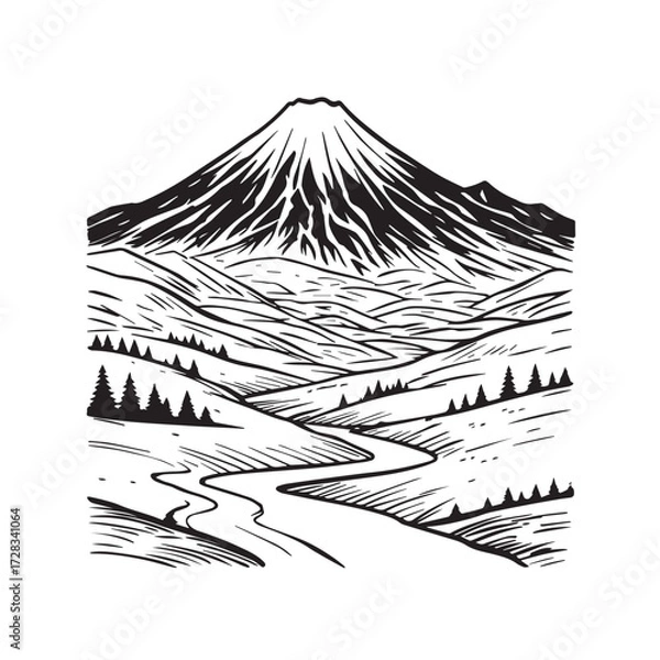 Fototapeta Black and White Mountain Illustration Image in Minimalist Line Art Style, Clean and Elegant Design