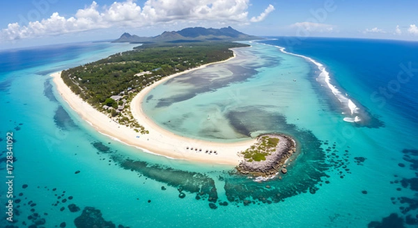 Fototapeta Aerial view of tropical island with turquoise water and white sandy beach, travel concept, drone perspective.”
“Snow-covered pine forest in winter, mist rising, calm peaceful atmosphere