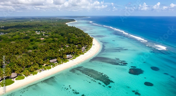 Fototapeta Aerial view of tropical island with turquoise water and white sandy beach, travel concept, drone perspective.”
“Snow-covered pine forest in winter, mist rising, calm peaceful atmosphere