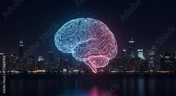 Fototapeta Futuristic smart city skyline at night, neon lights, AI technology theme, digital innovation concept.”
“Artificial intelligence concept, 3D render of glowing human brain made of circuits 
