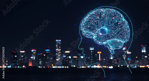 Fototapeta Futuristic smart city skyline at night, neon lights, AI technology theme, digital innovation concept.”
“Artificial intelligence concept, 3D render of glowing human brain made of circuits 