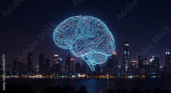 Fototapeta Futuristic smart city skyline at night, neon lights, AI technology theme, digital innovation concept.”
“Artificial intelligence concept, 3D render of glowing human brain made of circuits 