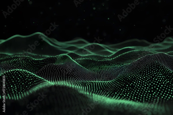 Fototapeta Abstract digital landscape with glowing green particles and flowing waveforms