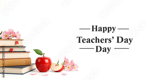 Fototapeta Teachers’ Day celebration abstract background, glowing golden light with books, pen, and laurel wreath, space for text, 3D render.