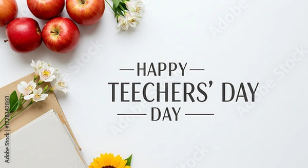Fototapeta Teachers’ Day celebration abstract background, glowing golden light with books, pen, and laurel wreath, space for text, 3D render.