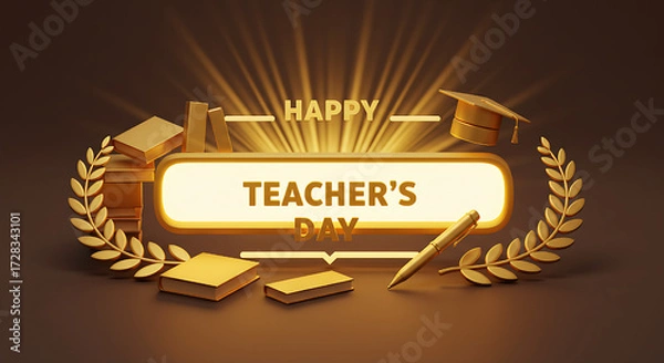 Fototapeta Teachers’ Day celebration abstract background, glowing golden light with books, pen, and laurel wreath, space for text, 3D render.