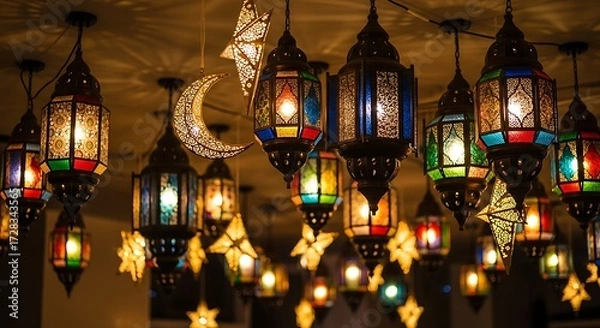 Fototapeta Ornate Hanging Lanterns with Colorful Glass and Warm Light