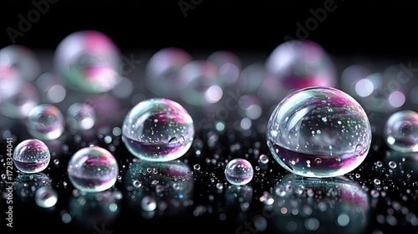 Fototapeta Iridescent Water Droplets Floating on Reflective Black Surface with Pink and Green Highlights and Dramatic Lighting