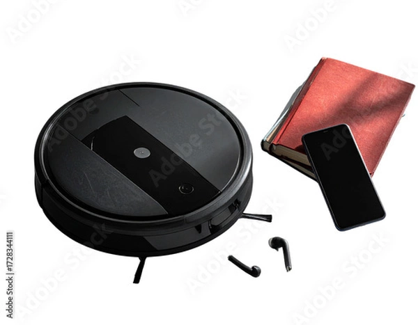 Obraz Minimalistic Studio Shot of Robot Vacuum with Tech Accessories