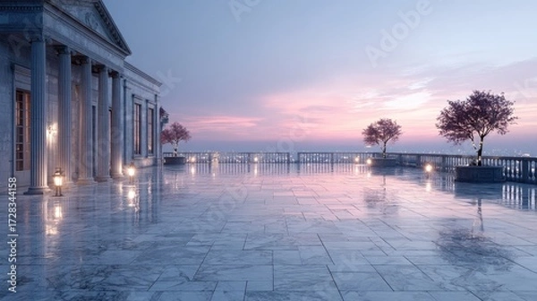 Fototapeta Temple Rooftop Terrace Overlooking City at Sunset with Pink Sky and Wet Reflections in Cinematic HDR Style