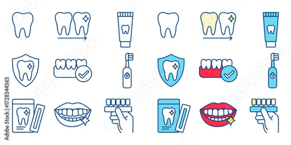 Fototapeta Collection of teeth whitening Icons on Light Background Featuring Teeth, Toothpaste, Toothbrush, Dental Shield, Gums, and Smiling Mouth in Outline and Color Styles