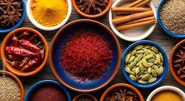 Fototapeta Colorful Spice Assortment Top View, Dried Herbs and Spices