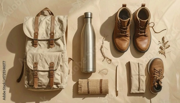 Fototapeta Adventure awaits with a stylish backpack, boots, and reusable water bottle laid out for a journey.