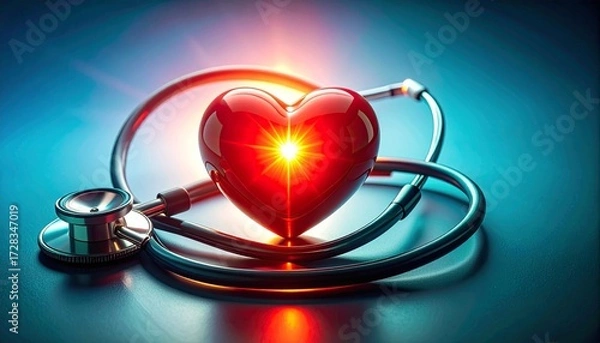 Fototapeta Glowing heart with stethoscope symbolizes health and medical care, radiating warmth and vitality.