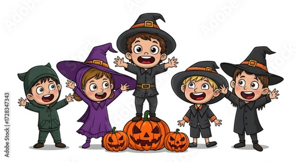Obraz Five cheerful children in various Halloween costumes, including witches and a green creature, joyfully posing with carved pumpkins on a white background.