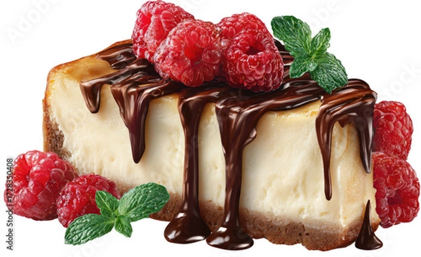 Fototapeta A slice of cheesecake topped with chocolate and raspberries
