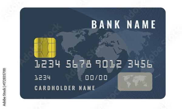 Fototapeta Realistic credit card design template with a chip frontside view mock up. Dark blue color.
