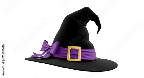 Obraz A black witch's hat with purple band and bow, gold buckle, isolated on white background.