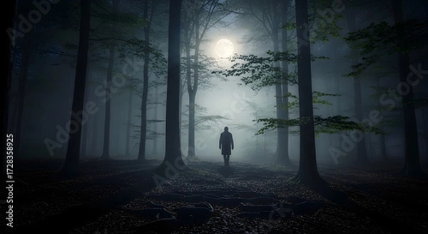 Obraz A solitary figure walks through a misty, moonlit forest, illuminated by an ethereal glow filtering through the trees.