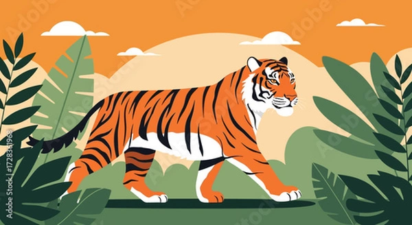 Fototapeta Illustration Art Vector of Tiger and Tropical Leaves in Orange and Green Colors Modern Style