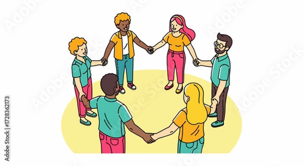 Fototapeta Illustration Vector of Diverse People Holding Hands in a Circle Representing Unity and Community in a Modern Flat Design Style