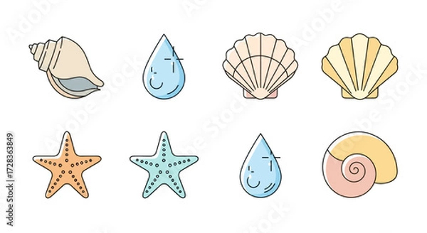 Obraz Illustration Art Vector Set with Seashell Starfish and Water Drop Elements in a Modern Style