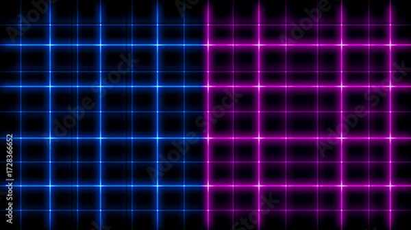 Fototapeta Vibrant neon grid background featuring blue and pink hues, creating a retro futuristic ambiance, perfect for digital design projects with ample copy space