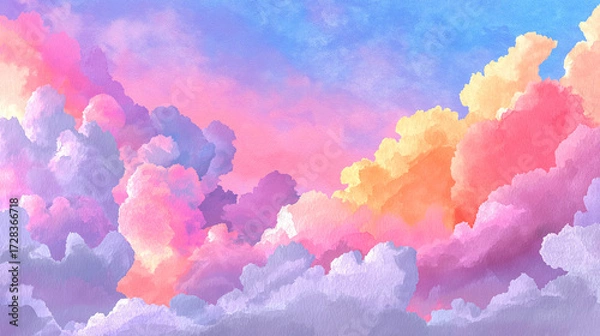 Fototapeta Watercolor illustration featuring fluffy clouds in vibrant pink, purple, and orange shades, creating a dreamy sky ambiance with soft textures and gradients