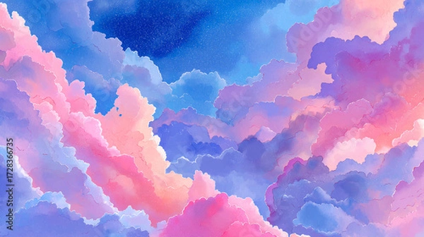 Fototapeta Watercolor illustration featuring fluffy clouds in vibrant pink, purple, and orange shades, creating a dreamy sky ambiance with soft textures and gradients
