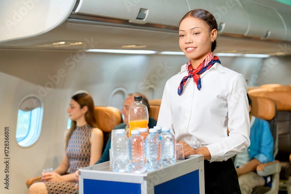 Fototapeta Airhostess service by cart of drinking for serve to all passenger in business class on airplane to travel or business trip.