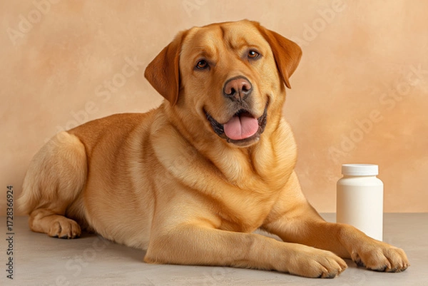 Fototapeta Labrador retriever dog with a joyful expression lying beside a white container of pet supplements on a soft surface against a warm orange background