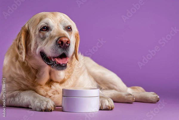 Fototapeta Labrador retriever dog with a joyful expression lying beside a white container of pet supplements on a soft surface against a warm orange background