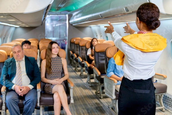 Fototapeta Scene of Professional service safety airline demonstration by airhostess to show all passenger know to do when accident happen on airplane.