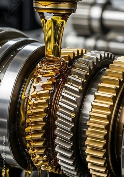 Fototapeta Close-up View of Lubricating Oil Pouring on Mechanical Gears for Efficiency