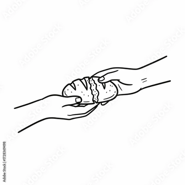 Fototapeta Two hands passing a loaf of bread to another hand in a simple, linear illustration.