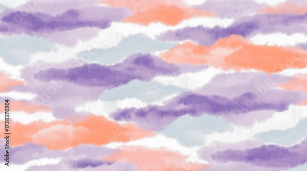 Fototapeta Colorful watercolor illustration of fluffy clouds in shades of pink, purple, and orange, creating a dreamy sky atmosphere with soft gradients and vibrant hues