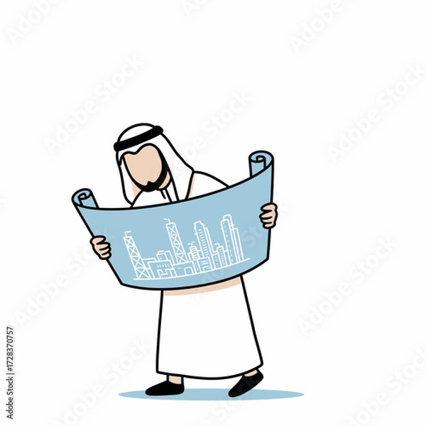 Fototapeta An architect in traditional attire studying a building blueprint.