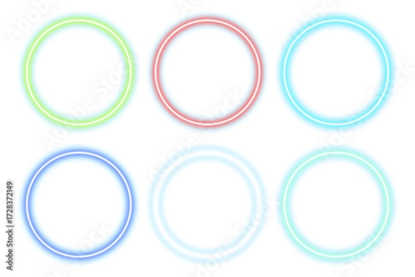 Fototapeta Set of Neon Glow Light Circle Frames in Various Colors Isolated on Transparent Background