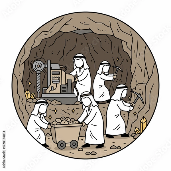 Fototapeta Illustration shows miners in a cave extracting resources using tools and equipment.