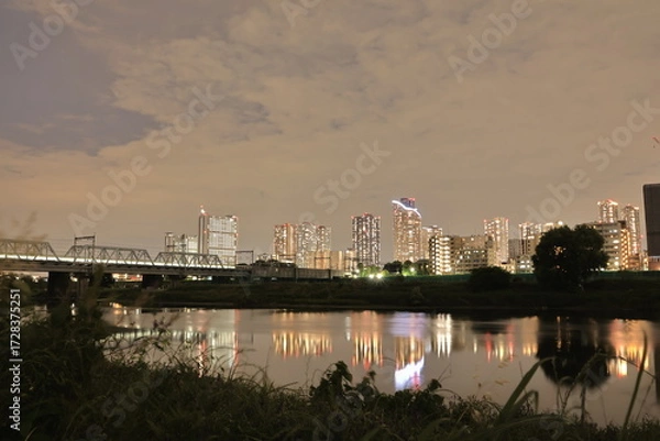 Obraz 多摩川と武蔵小杉のタワーマンション　夜景