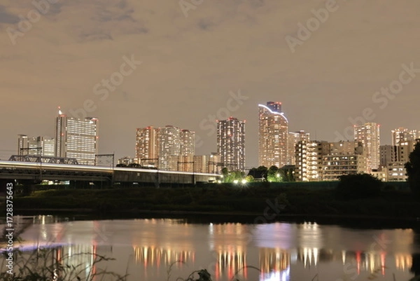 Fototapeta 多摩川と武蔵小杉のタワーマンション　夜景