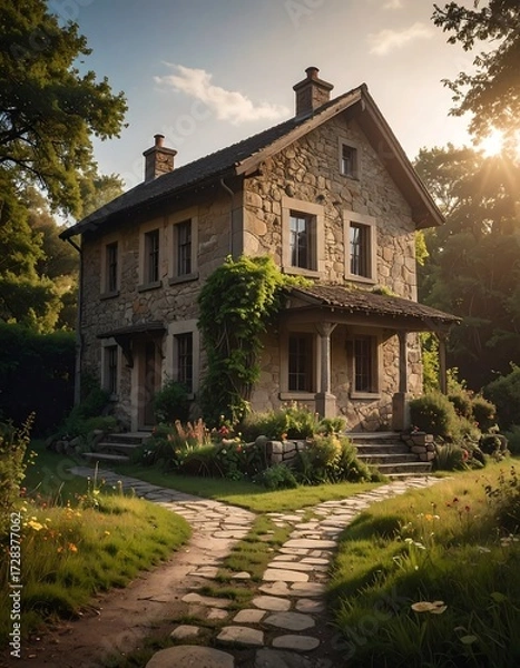 Fototapeta Quaint stone house nestled in a garden