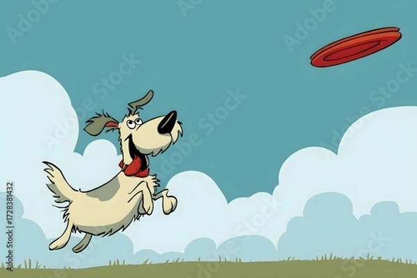 Fototapeta Playful Dog Chasing Frisbee in Bright Sky with Whimsical Clouds Background