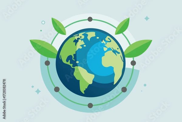 Fototapeta Earth with Green Leaves and Orbiting Dots globe planet