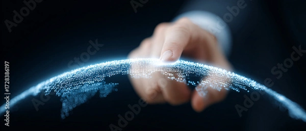 Fototapeta Hand interacting with a glowing digital world map and binary data stream, symbolizing global network, big data analysis, and future technology.