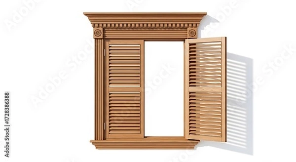 Obraz Ornate Wooden Window with Open Shutters, Classic Architectural Detail