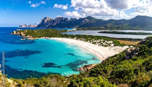 Obraz Panoramic view of a stunning beach, turquoise water, and mountains